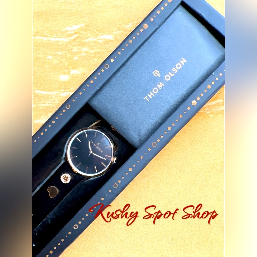 NIB✨⌚️THOM OLSON™️ Black Leather Strap Removable Charms Wrist Watch ✨⌚️😍